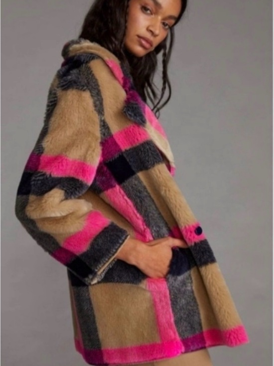 Anthropologie Jackets & Blazers - Anthropologie Hooded Plaid Teddy Coat in Pink, Tan & Gray